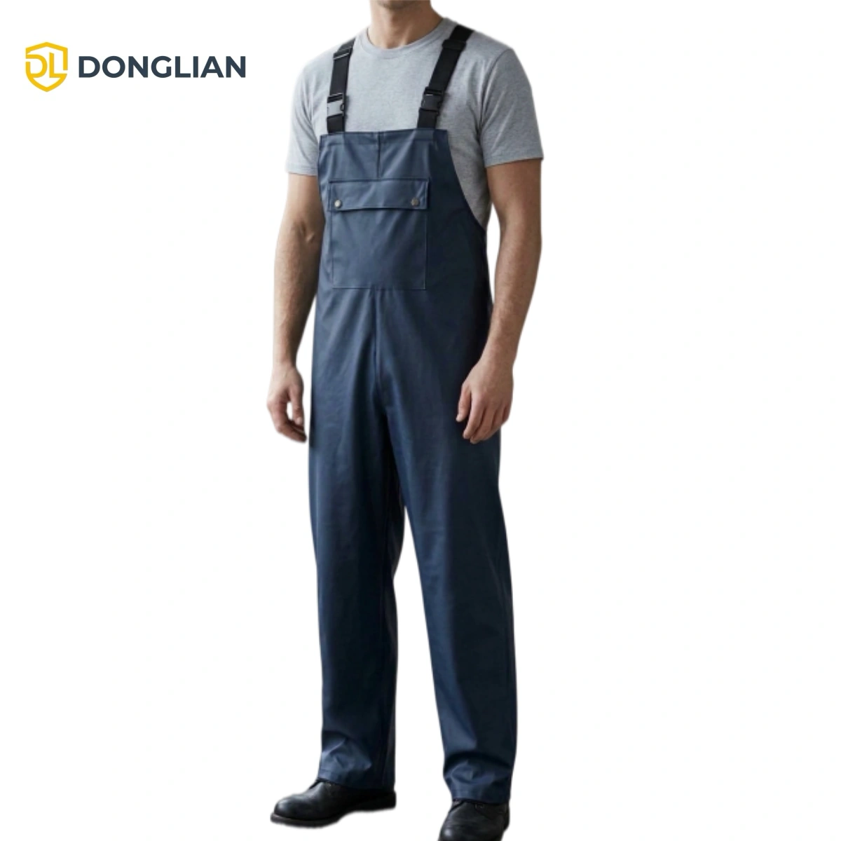 DL1003 navy blue PU rain bib overalls with chest flap pocket and adjustable straps, front view