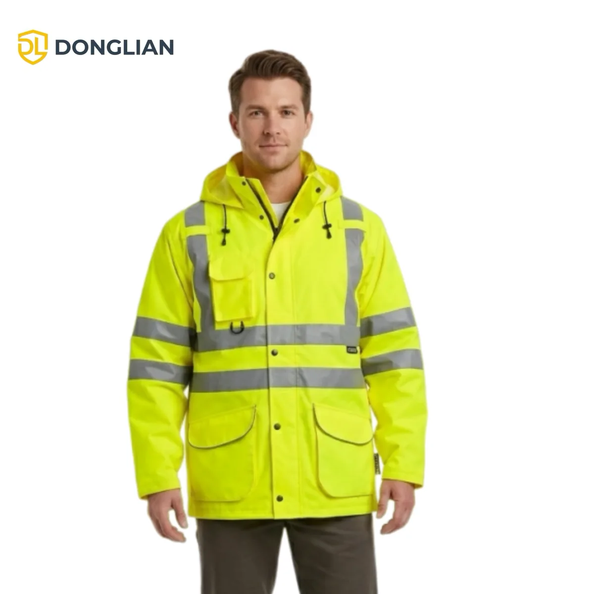 DL1440 hi-vis parka shell worn alone with detachable hood