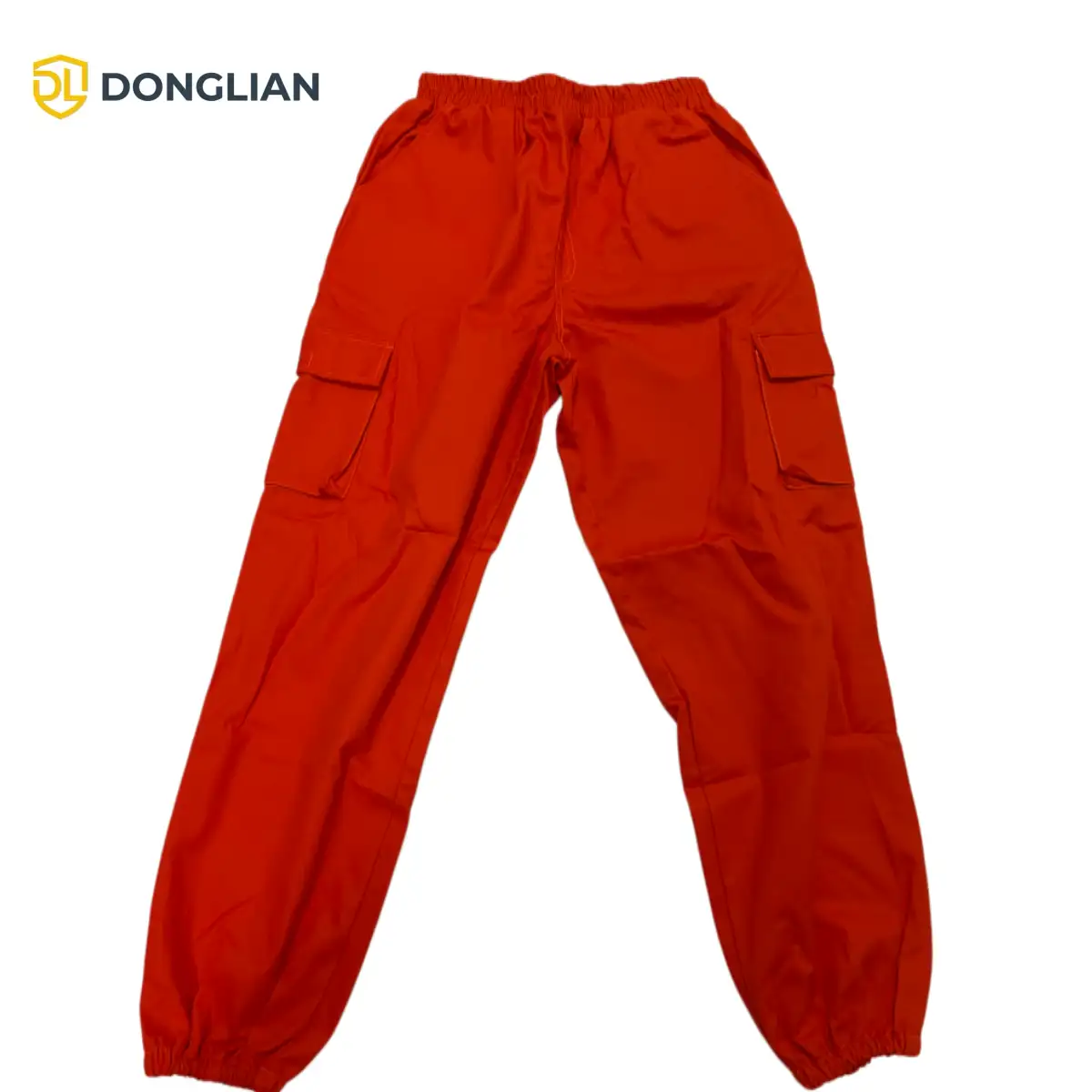 Front view of orange-red DL24625 flame retardant cotton work trousers with six pockets