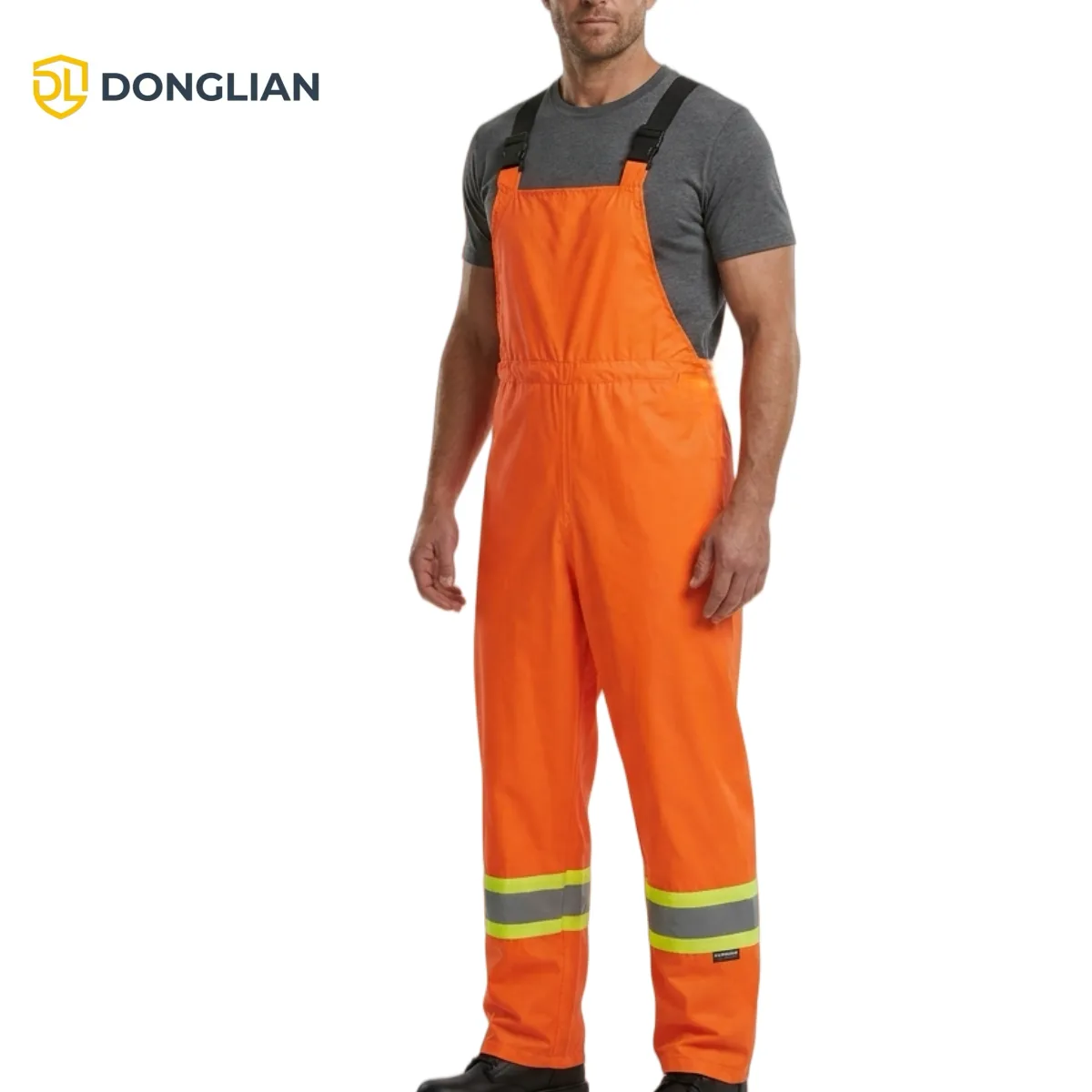 DL24906 fluorescent orange-red rain bib overalls with adjustable shoulder straps and reflective tape on the lower legs worn by model