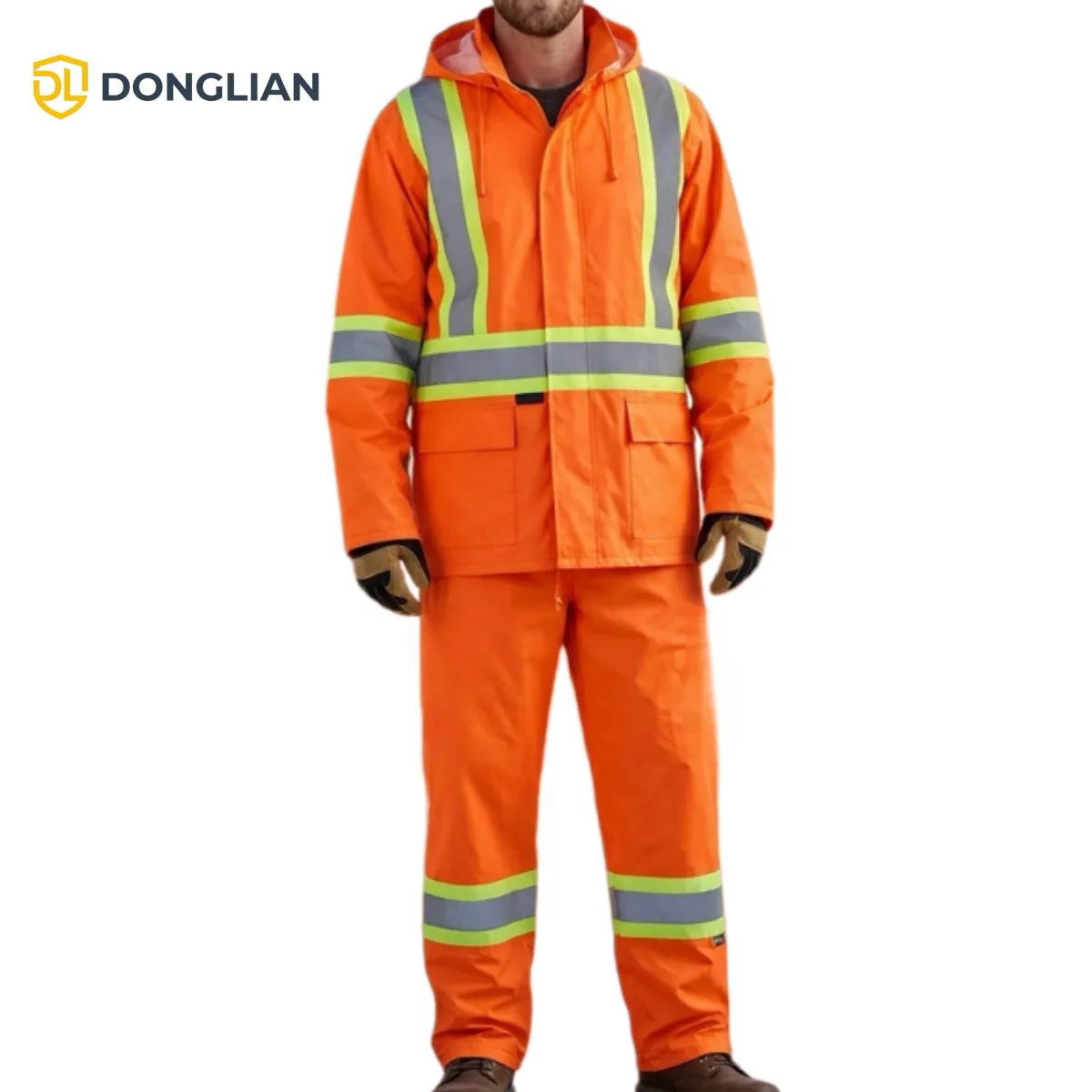 DL24906 fluorescent orange-red rain suit with bib overalls and reflective tape worn by model