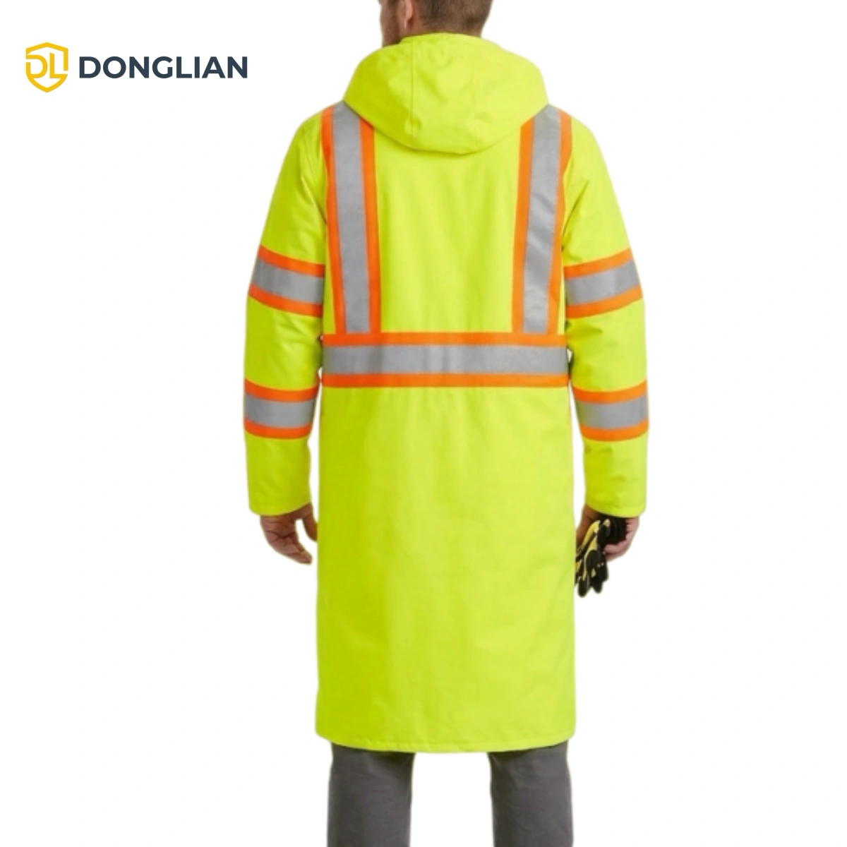 Back view of the DL24907 hi-vis long raincoat showing reflective tape on the body and sleeves