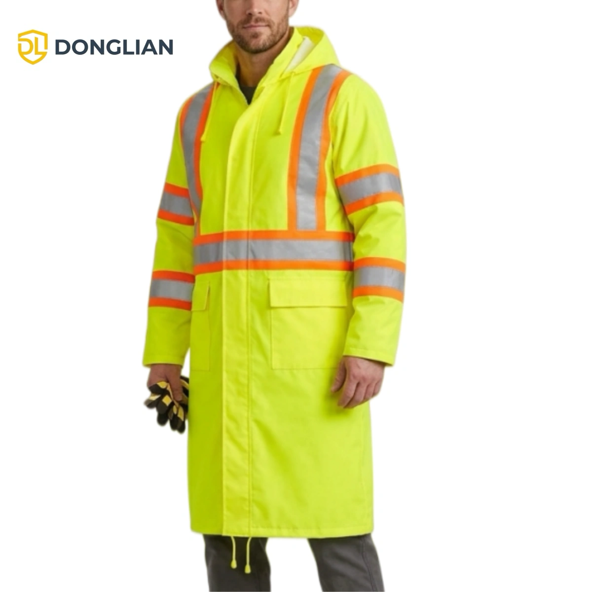 Model wearing a fluorescent yellow DL24907 hi-vis long raincoat with reflective tape and concealed hood