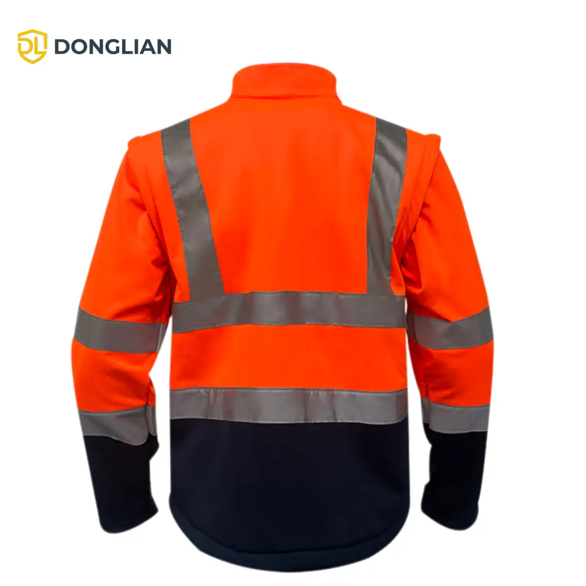 DL3058 hi-vis orange and black softshell jacket back view with reflective tape
